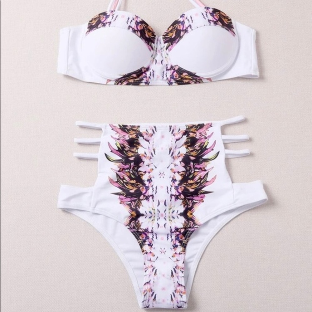 White Push Up High Waist Bikini Pink Floral Swimsuit Size Large